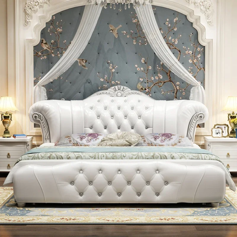 

Headboard Designer European Double Bed Soft Wood Princess Girl Frame Double Bed Modern White Muebles Para Dormitorio Furniture