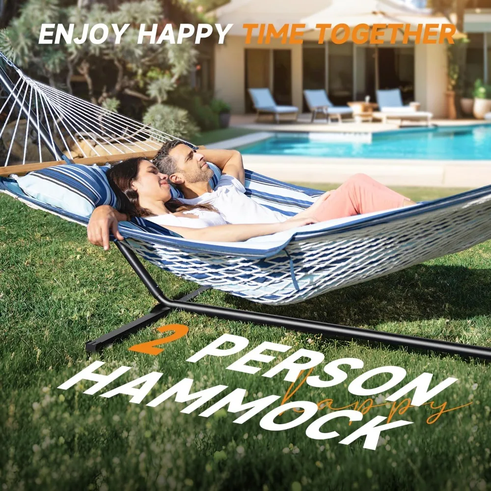 Factory Direct 2026 2 Person Hammock with Stand, Cotton Rope, Adjustable Steel Frame, Portable w/ Carry Bag for Patio, Backyard,