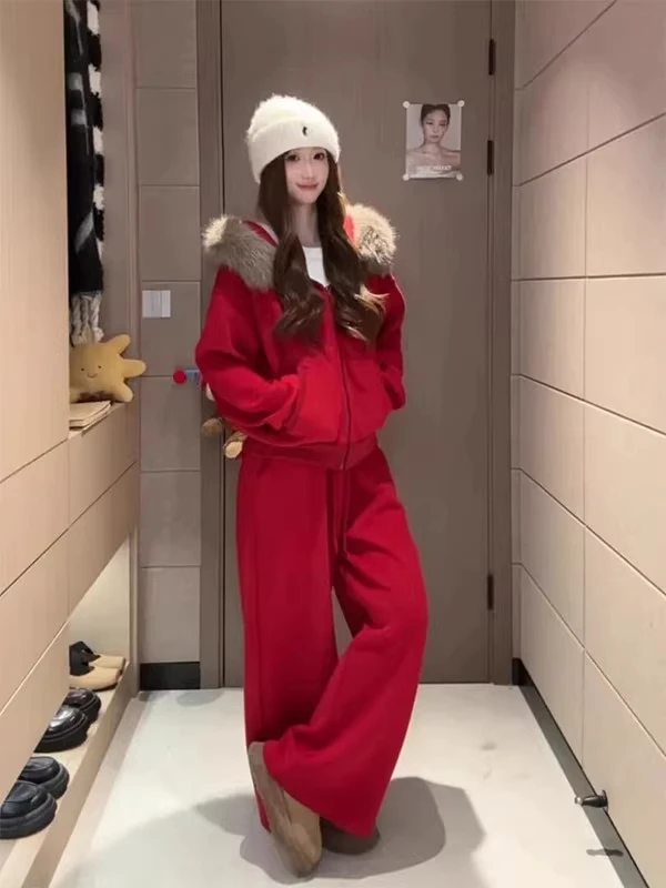 

plus Size 300 Pounds Fashionable Anti-Aging Sportswear Set Women's Autumn Winter Hooded Jacket Wide Leg Pants Two-Piece Set