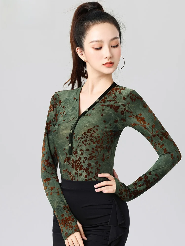 Modern Dance Velvet Jumpsuit Women's Sexy V-ne High-end Long Sve Practice Suit for Stand Dance Latin Dance