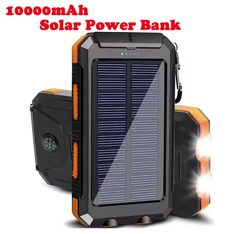 Solar Power Bank 10000mAh Outdoor Camping Portable Fast Charger Waterproof External Battery Charging Power Bank with LED Light