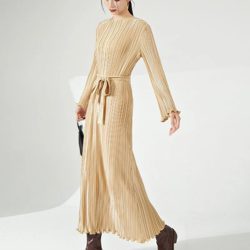 Miyake High End Dress Autumn New Women's Wear High Sense Long Sleeved Elegant Wrinkle Dress