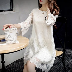 Women's Clothing Elegant Lace Patchwork Midi Dress O-Neck Spring Summer 3/4 Sleeve Commute A-Line Fashion Hollow Out Dresses New