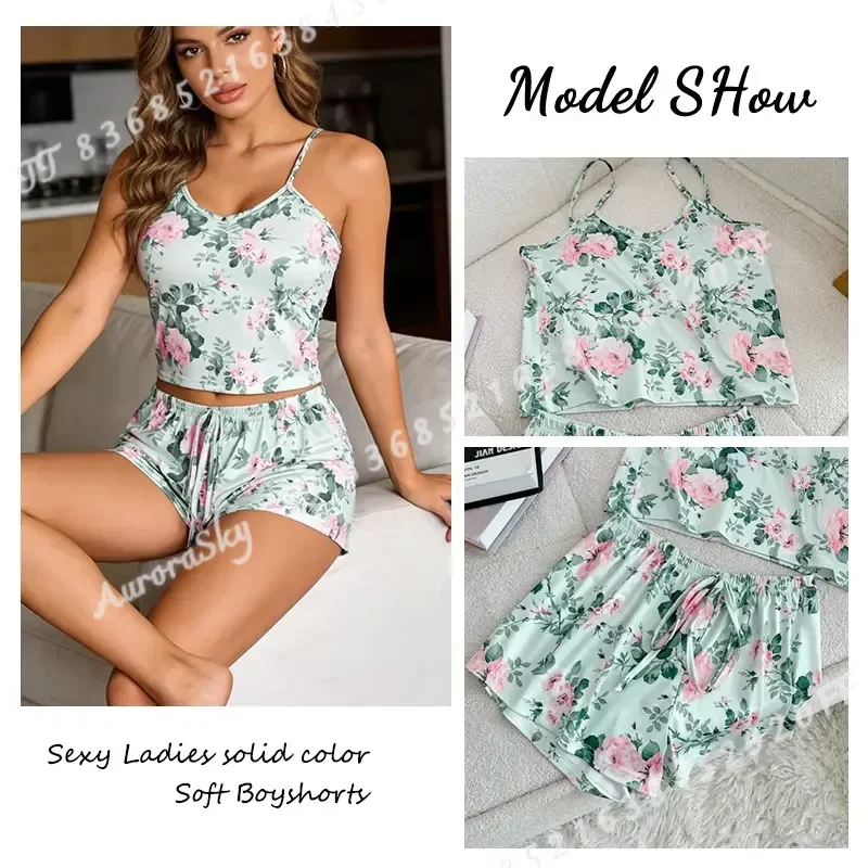 Women Sexy Satin Pajama Set Print Round Neck Ice Silk Top T Shirt and Shorts Breathable Comfortable Home Wear New 5