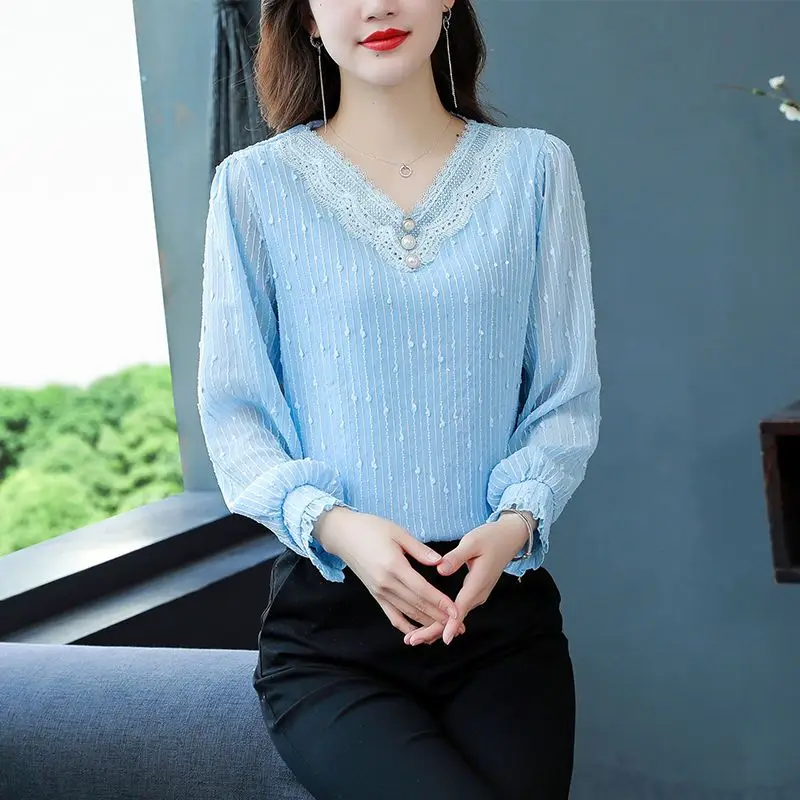 Oversize Commuting Women\'s Clothing Splice Buttons Lace V-neck Long Sleeved Solid Color Temperament Versatile Pullover Shirt