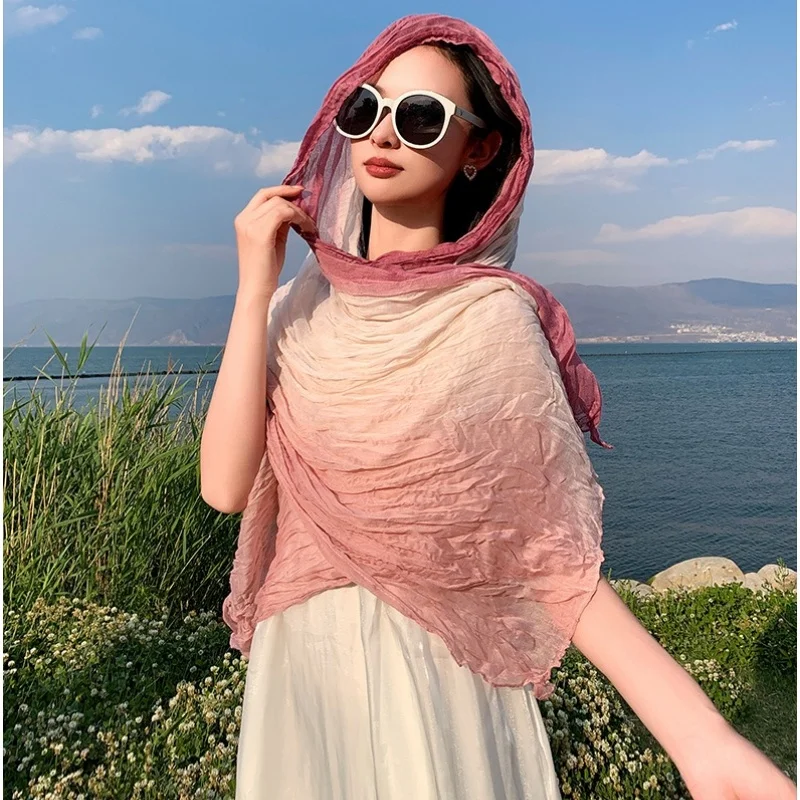 Retro Wrinkle Gradual Change Color Scarf Thin Gauze Women's Literary Travel Shading Shawl Desert Headscarf