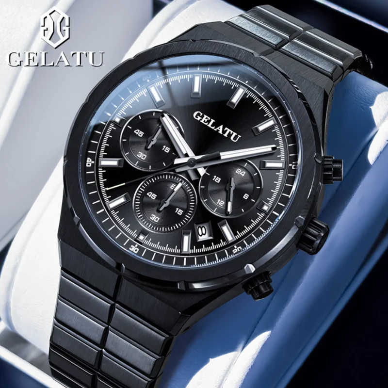 

GELATU 8001, черные часы из нержавеющей стали, мужские часы с хронографом и датой, глубокие водонепроницаемые высококачественные повседневные кварцевые часы для мужчин