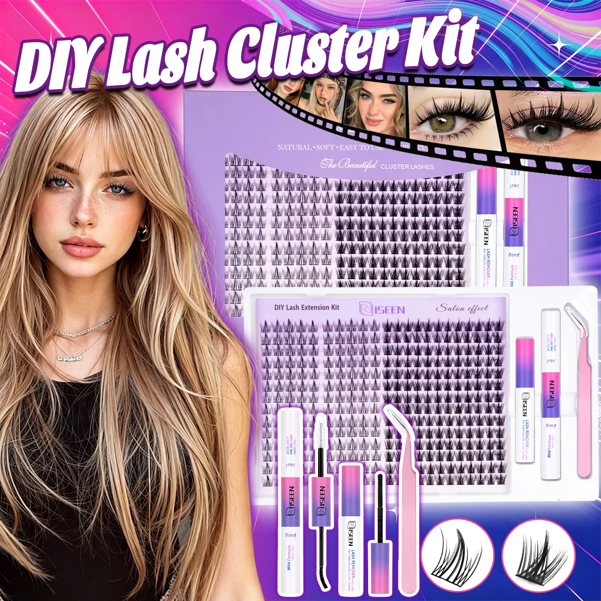 Wimpern-Cluster-Set: Manga Fairy Einzelwimpern, Wispy Cluster Wimpernverlängerungen mit Bond & Seal und Wimpernpinzette – Detail 1