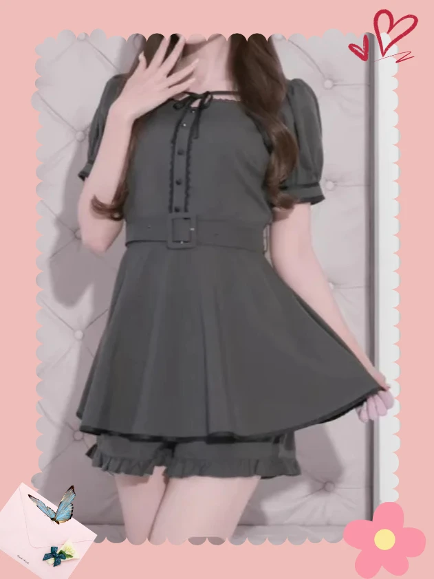 Japanese Sweet Mine Series กางเกงขาสั้นสายไขว้ขอบแขนสั้นกระชับสัดส่วนและกางเกงขาสั้นฐานชุดสองชิ้น