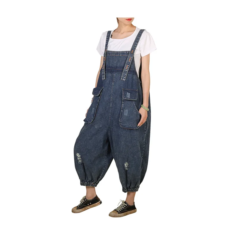 

Denim Overalls Women Summer Loose Pocket Wide Leg Jumpsuits Casual Korean Style All Match Strap Bloomers Solid Color Mom Jeans