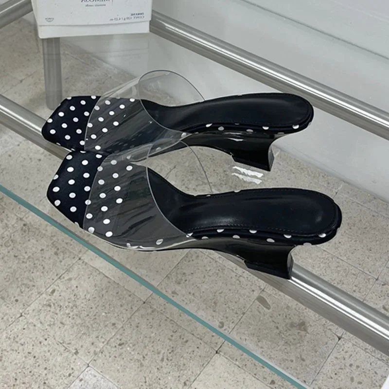 

Модные летние сандалии Aneikeh на танкетке с прозрачным верхом в горошек, женские шлепанцы на высоком каблуке, с квадратным носком, для банкетов