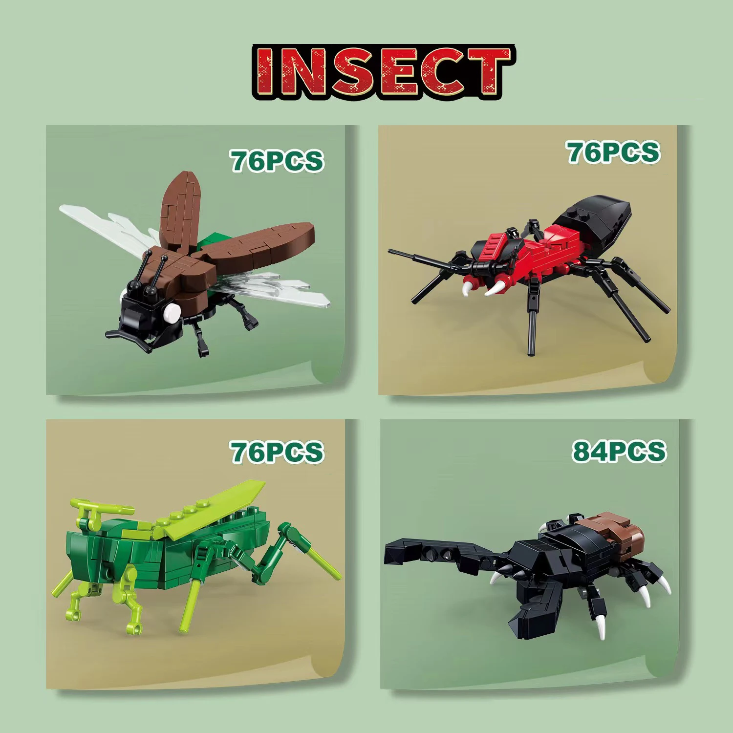 Bloques de construcción de animales para niños, 8 en 1, simulación de libélula, abeja, Cicada, hormiga, juguetes, regalos