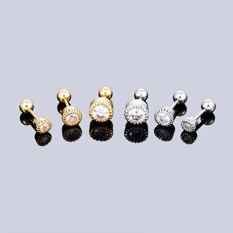 Pendientes de tuerca redondos con circonita y cierre de rosca, de acero inoxidable hipoalergénico, en dos tonos (oro y plata), mini joyería para perforaciones de oreja.