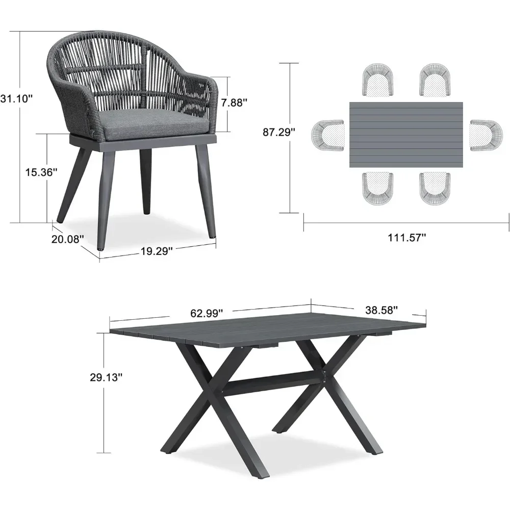 7 Pieces Patio Dining Set, with Outdoor Aluminium Dining Table and Woven Rattan Chairs ,Modern Metal Furniture Sets