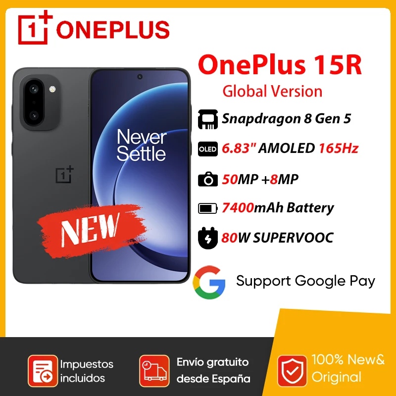 OnePlus 15R Versión Global, Teléfono Inteligente 5G, Snapdragon 8 Gen 5, 7400 mAh, 80 W SUPERVOOC, Pantalla de 6.83” y 165 Hz, IMX906 de Sony de 50 MP, NFC