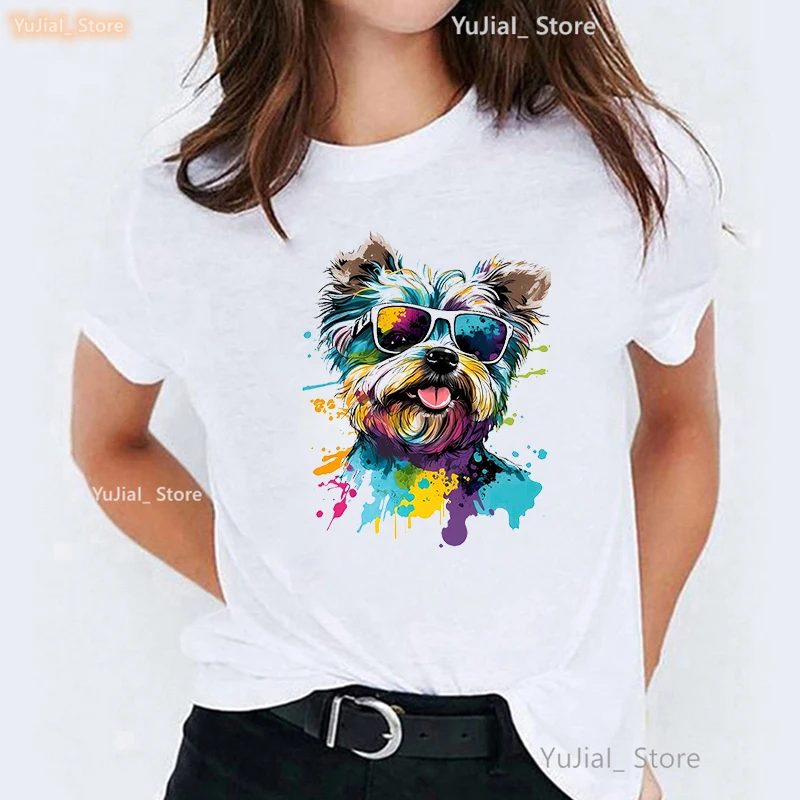 Acquerello Pug/Yorkshire Terrier/Chihuahua/ Papillon/Shih Tzu stampa T Shirt abbigliamento donna Harajuku Kawaii Dog T-Shirt Femme