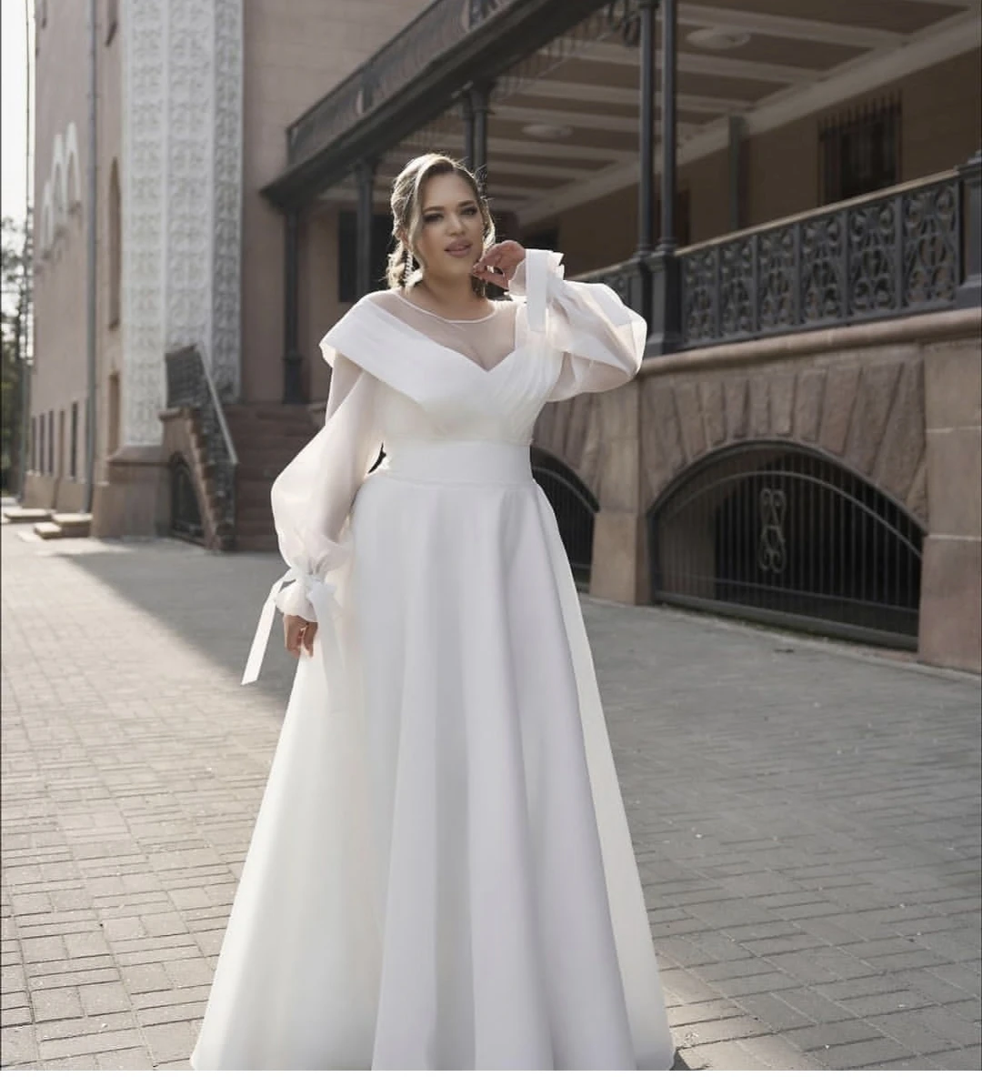 Plus Size suknia ślubna z długim rękawem o długości do podłogi dla kobiet suknie ślubne dostosowane do środków elegancka sukienka De Mariee