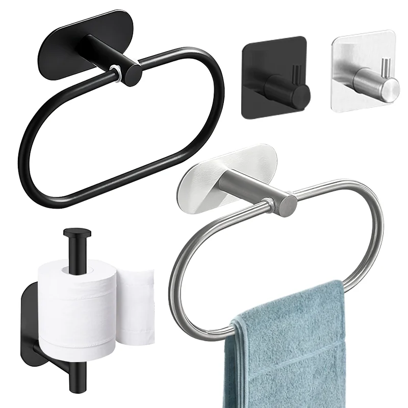 Adhesive Toilet Paper Holder Accessories Towel Rack Toilet Paper Dispenser Holder Wall Coat Hook Towel Rail Ring Roll Hanger Set