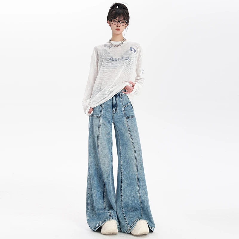 Vintage High Waisted Washed Jeans Fashion Harajuku Casual Baggy Straight Pants Women Wide Leg Denim Trousers 2024 New