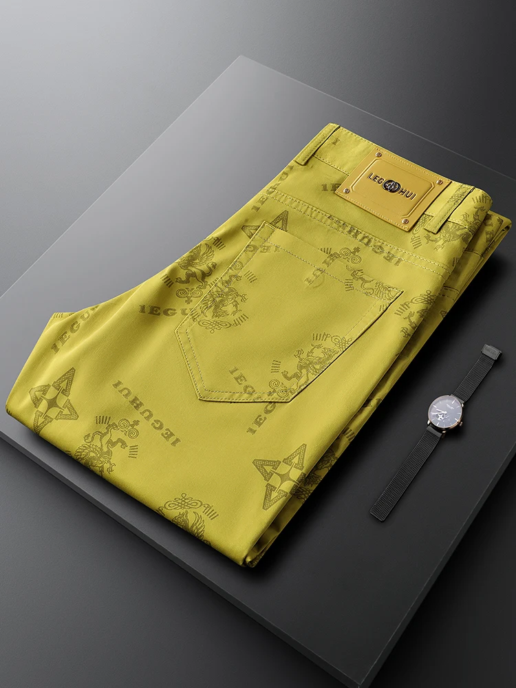 

Желтые повседневные брюки с принтом, мужские узкие прямые джинсы, модные, стильные, осенние, из денима