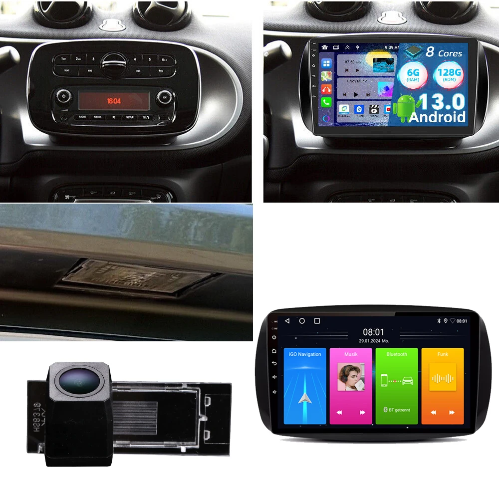 

Android 9-inch car radio with carplay GPS Navigation+HD reverse camera for Smart Forfour 4 Schrägheck 453 2014/11-2024/12