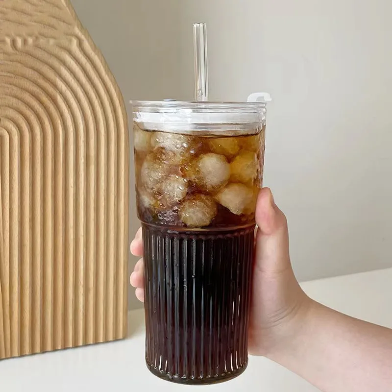 YWDL 600ml Stripe Glass Cup with Lid And Straw Transparent Milk Tea Juice Cup Drinking Glasses Ice Water Coffee Mug Bar