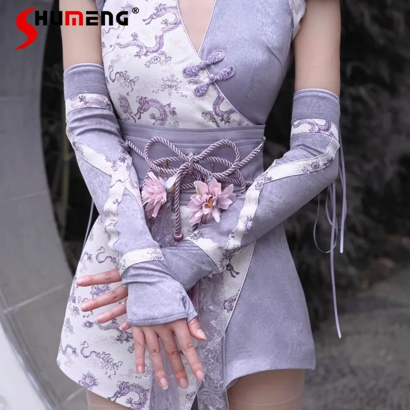 Summer Japanese Fashion Design Strap Arm Warmer Dragon Pattern Jacquard Chinese Style All-Match Flab Hiding Lace-up Oversleeve