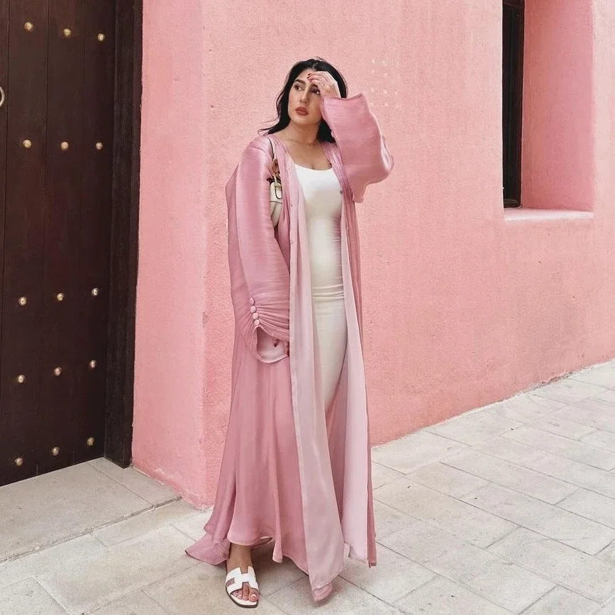 Summer Silky Satin Open Kimono Abaya Dubai Luxury Muslim Abayas for Women Eid Islamic Modest Outwear Moroccan Kaftan Hijab Robe