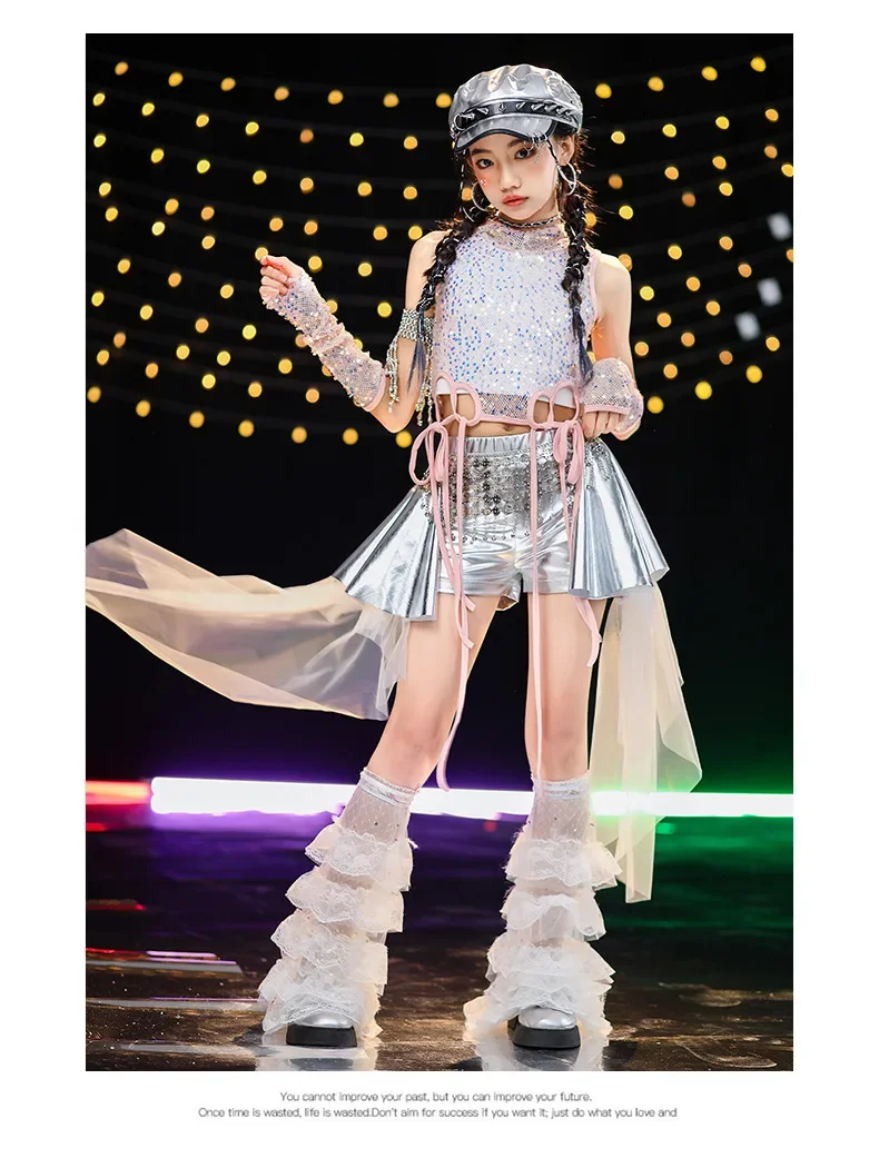 Neues Jazz-Tanzkostüm für Kinder, Mädchen-Streetdance-Paillettenweste, Lederhose, Rock, Bühnenkostüm für Auftritte – Detail 6