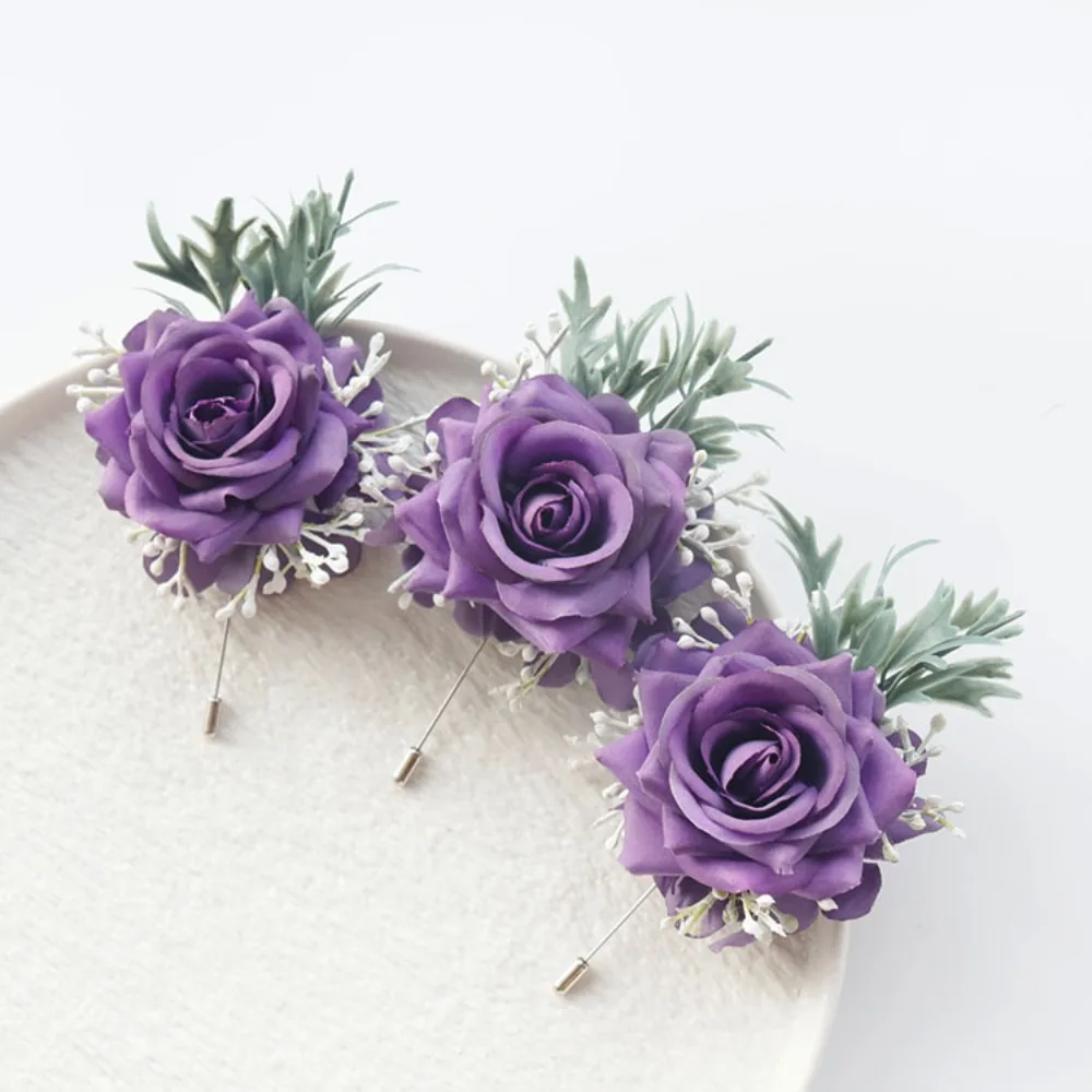 Boutonnière de Mariage violette en soie Rose, Corsage de poignet, Bracelet de demoiselle d'honneur, fleurs, Ramillete Hombres Boda