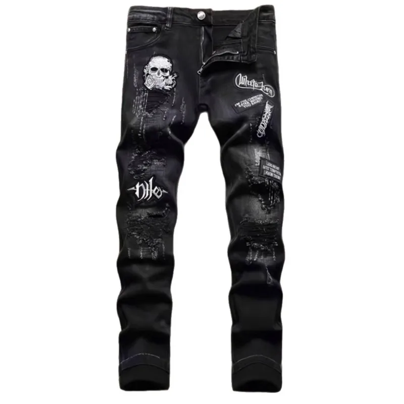 Men's Jeans with European American Style Heavy Embroidery Perforated Patchwork High Street Small Straight-leg Pants Cross-border