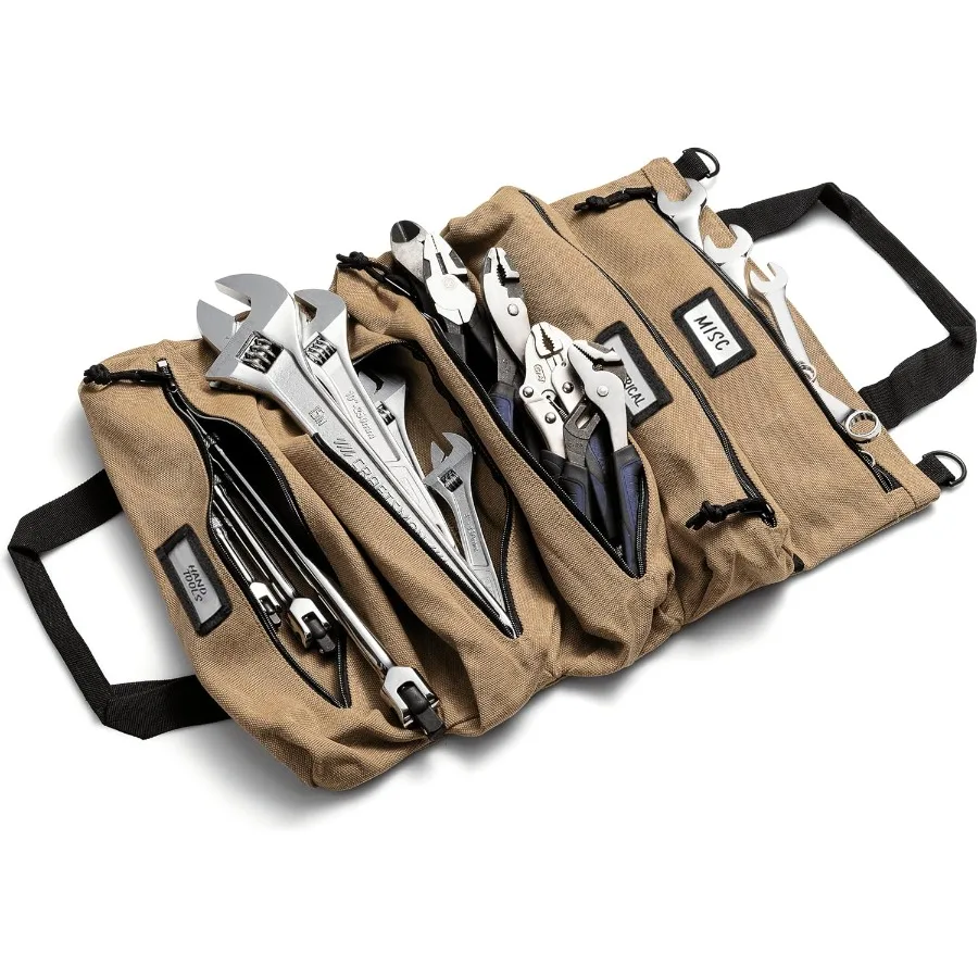 

Легко носить с собой свернутая сумка для инструментов с 5 карманами — прочный холст на 20 унций, нержавеющие застежки-молнии YKK и надежная пряжка — подарок для пап, механики