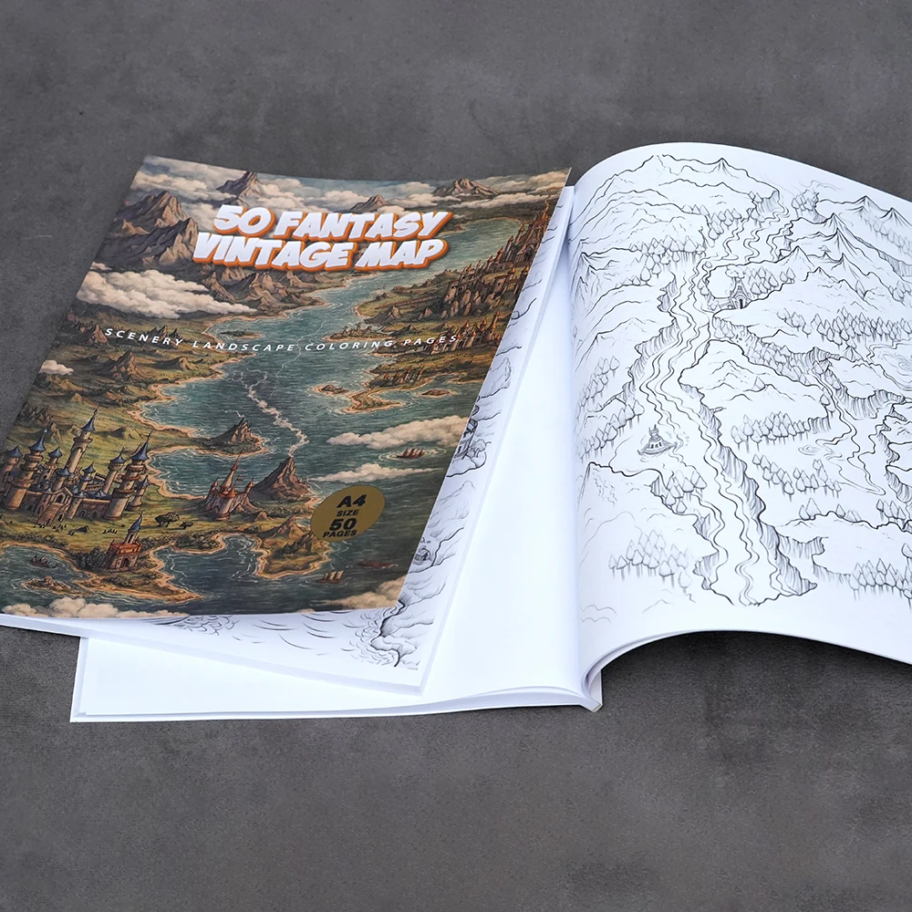 50 Fantasy Map Coloring Book, Printable PDF, Vintage Map Sce
