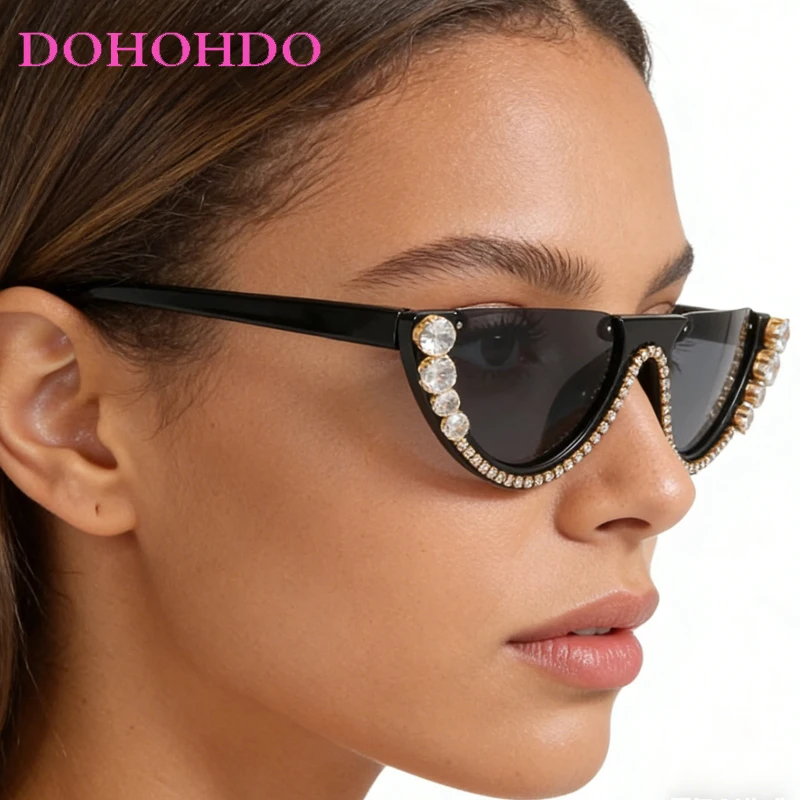 

Luxury Half Frame Rhinestone Women Sunglasses Brand Design Men Sun Glasses UV400 Steampunk Outdoor Travel Party Eyewear Female