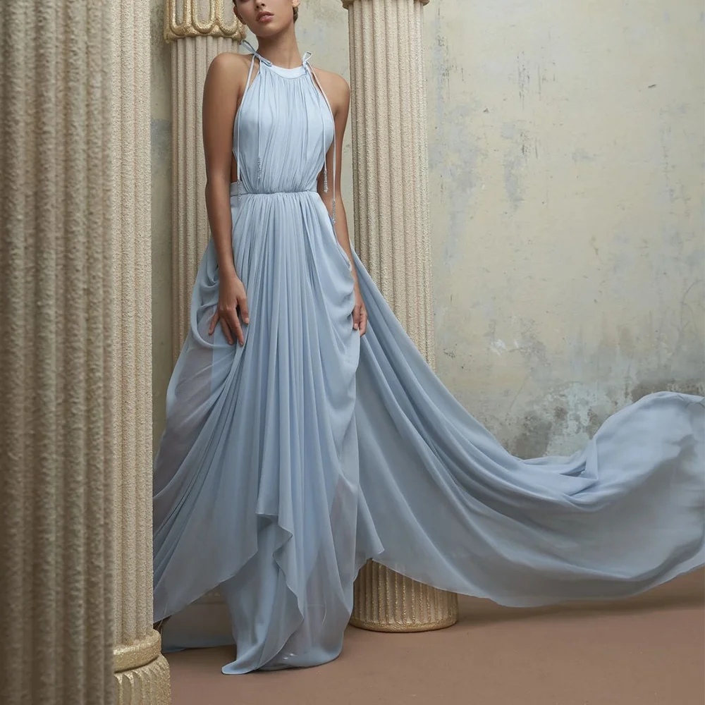 

Голубое платье для выпускного вечера в современном стиле с лямкой на шее без рукавов длиной до пола, со складками, торжественное вечернее платье для особых случаев, трапециевидной формы
