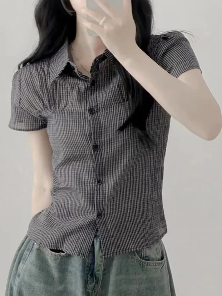 سترة نسائية كورية Sle عتيقة منقوشة بقصة ضيقة وزر واحد مفتوح سترة Faionable ort Sve irt صيف 2025 #4