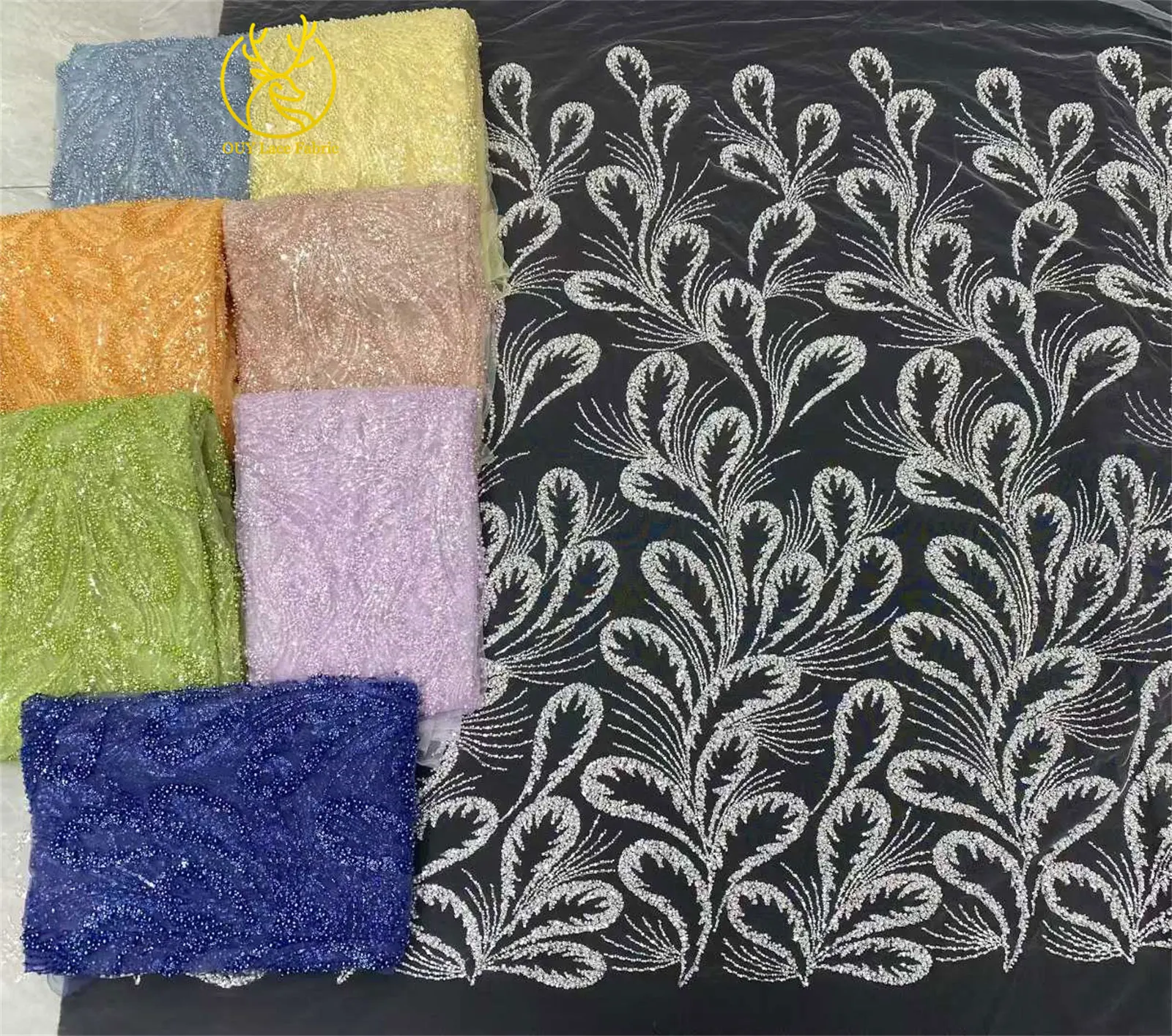 2025 Hot-selling New Luxury French Handmade Beaded Embroidery Lace Fabric African Nigerian Sequin Fabric Wedding Dress Fabric