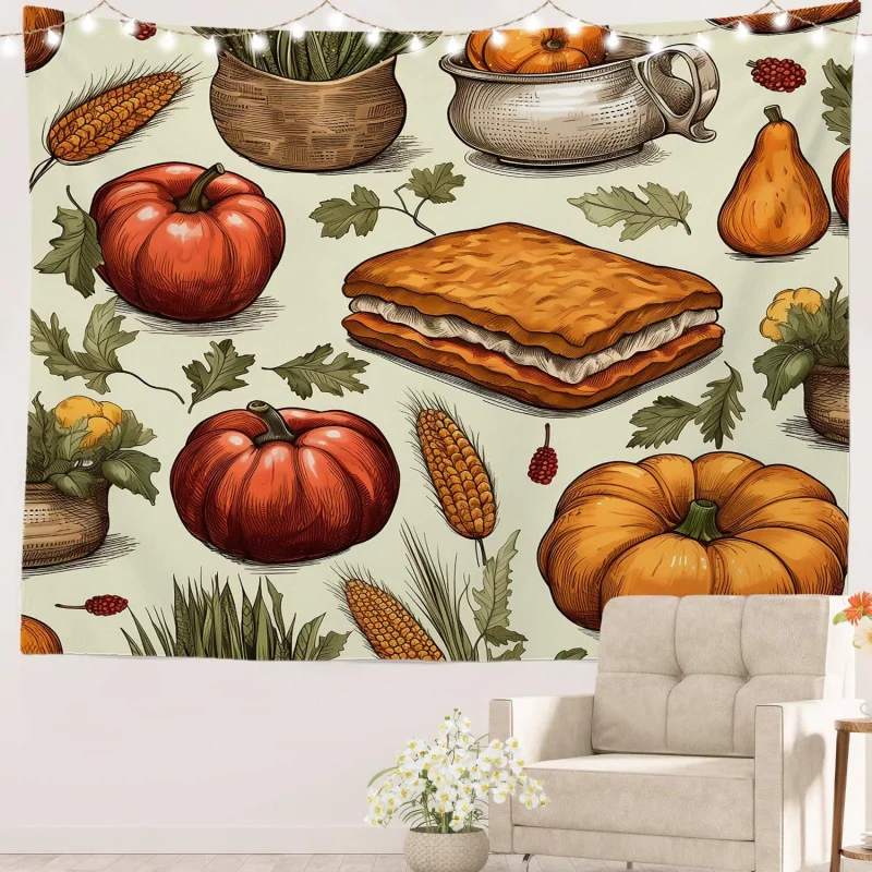 

Happy Thanksgiving Tapestry Vegetable Pie Pumpkin Pattern Wall Hanging Art Decoration Polyester Fiber White Ruffles Dormitory Ro