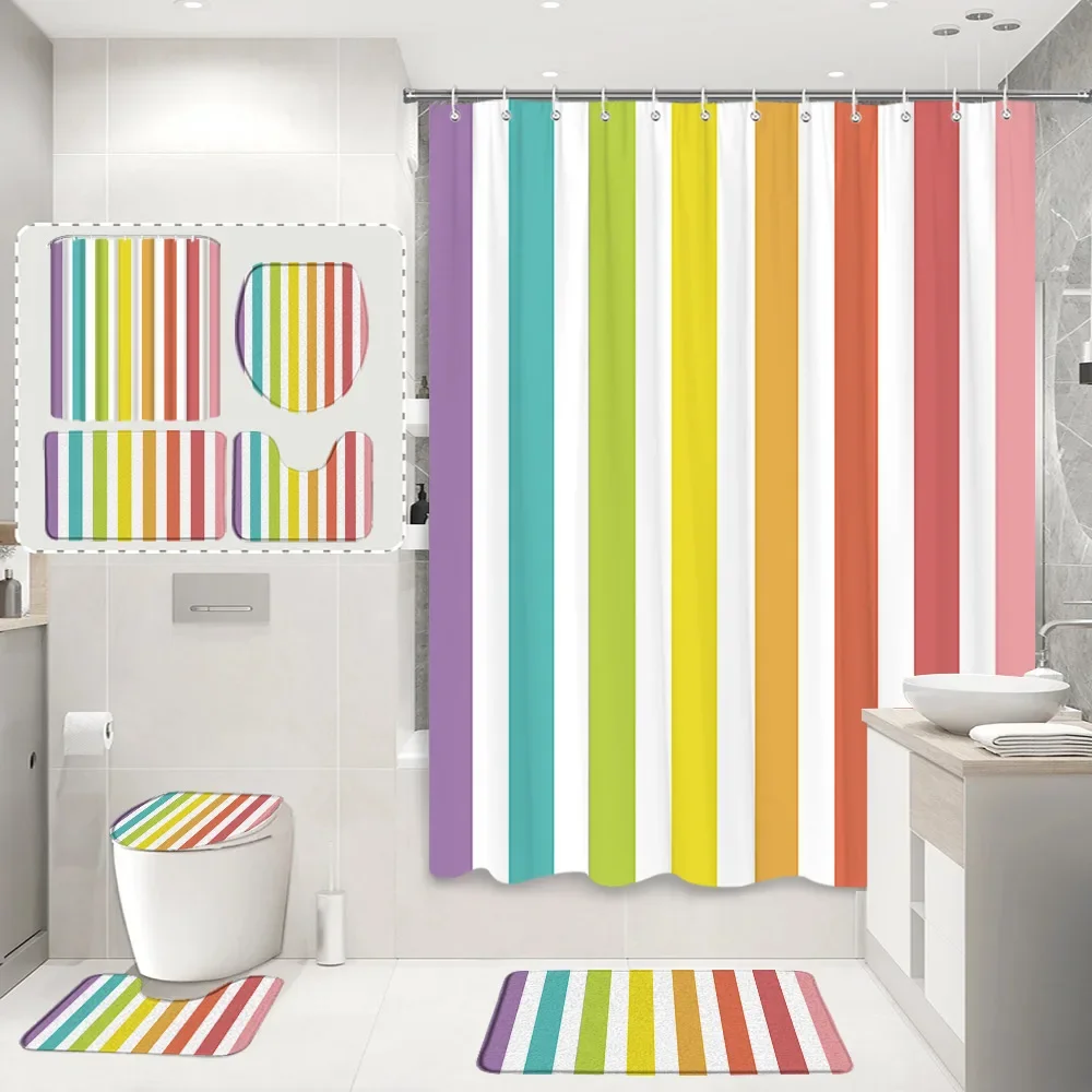 

4 Pcs Rainbow Shower Curtain Kids Shower Curtain Sets with Rugs Cute Polyester Fabric Bath Curtain Set with Hooks Bathroom Decor