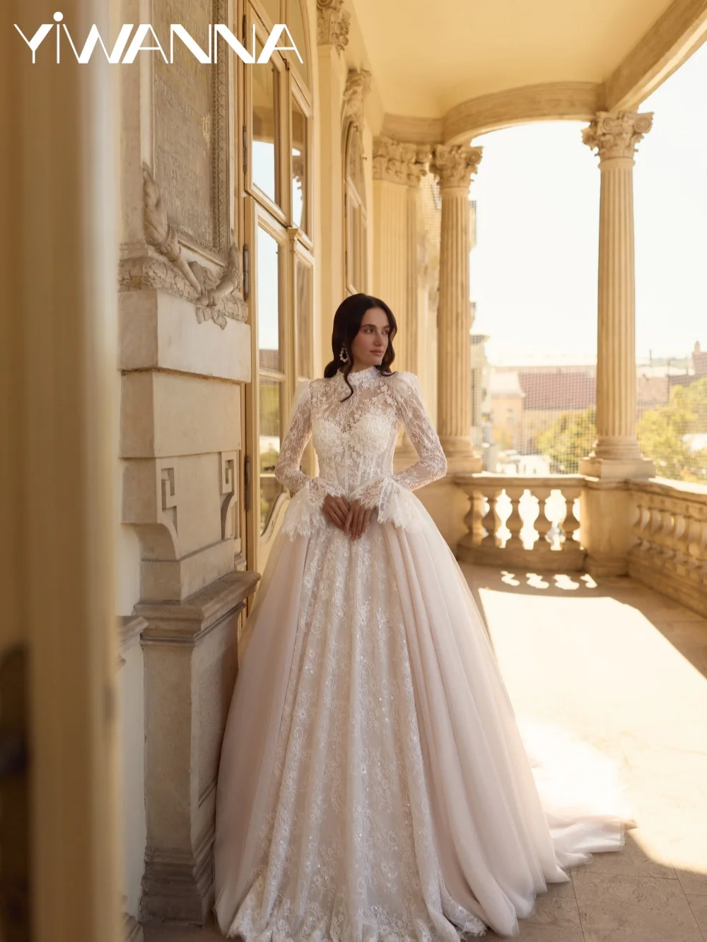 

Gorgeous Beaded Appliques Wedding Dress With Overskirt Modest High Collar Bridal Gown Customized Long Sleeve Dresses For Bride