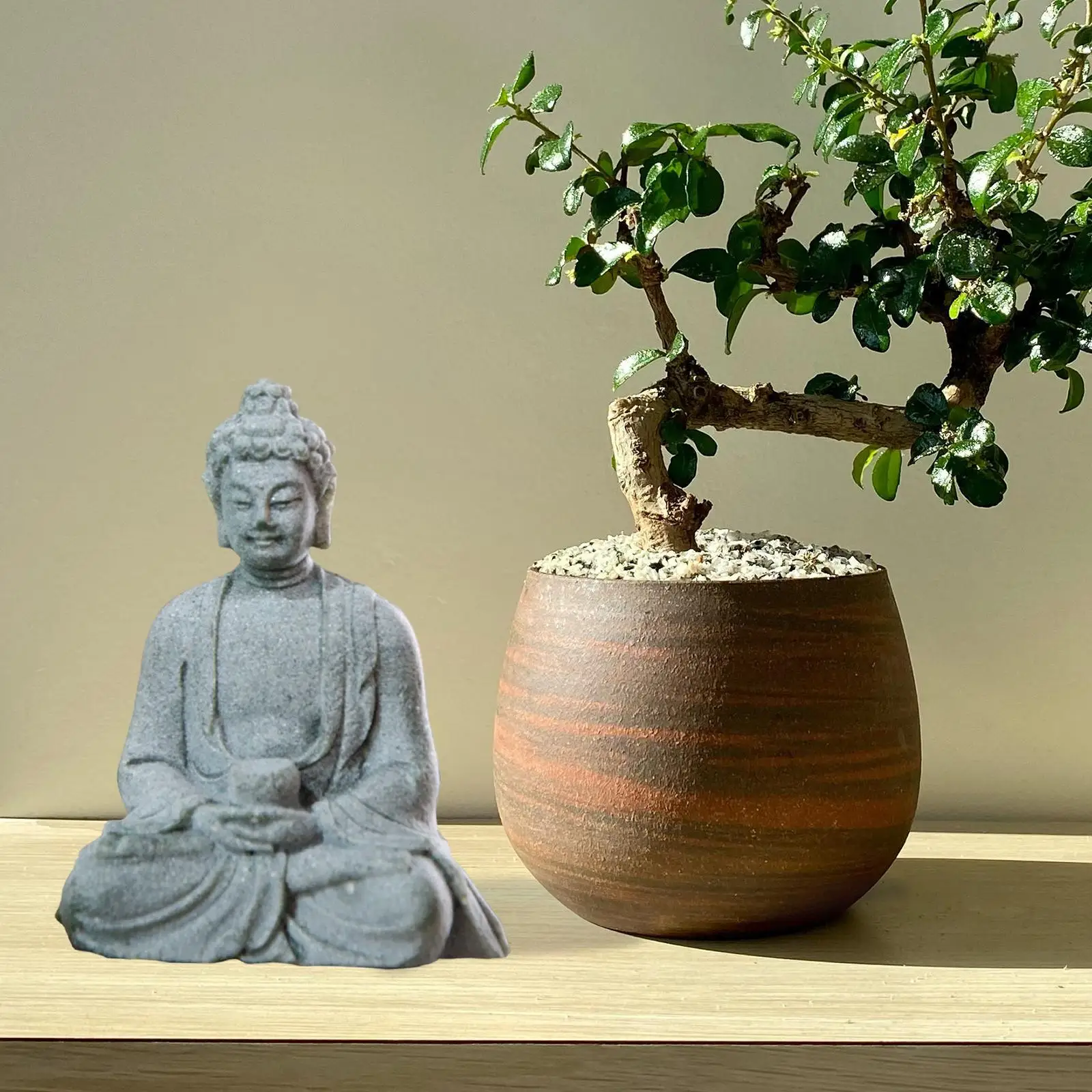 Sandstone Sitting Buddha Statue Sculpture for Cabinet Home Tabletop Backyard Decor