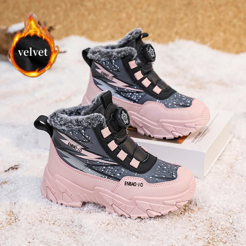 Stivali da neve con fibbia rotante Scarpe da ginnastica alte invernali per ragazza Scarpe da ginnastica alte per bambini Stivali da esterno antiscivolo più in velluto Stivali caldi in cotone per bambini