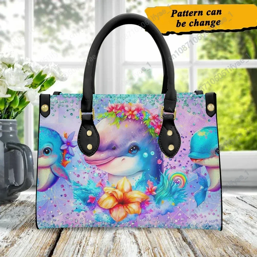 Bolso de mano con asa cruzada para mujer, bolsa de mano de piel sintética, con diseño de delfín de dibujos animados, portátil, de alta calidad, color azul