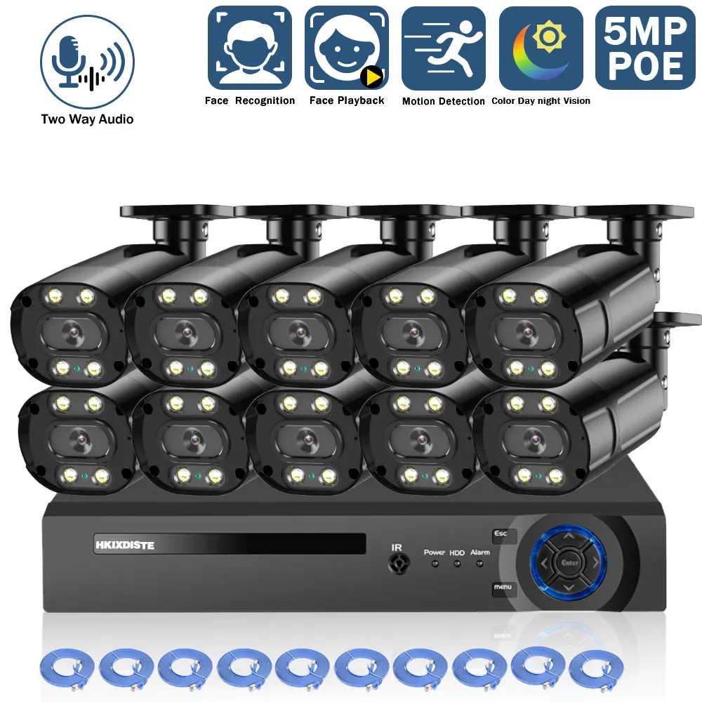 Sistema de cámaras de seguridad POE 4K 8CH NVR POE Kit exterior 5MP Color visión nocturna cámara IP CCTV Kit de sistema de videovigilancia 10CH