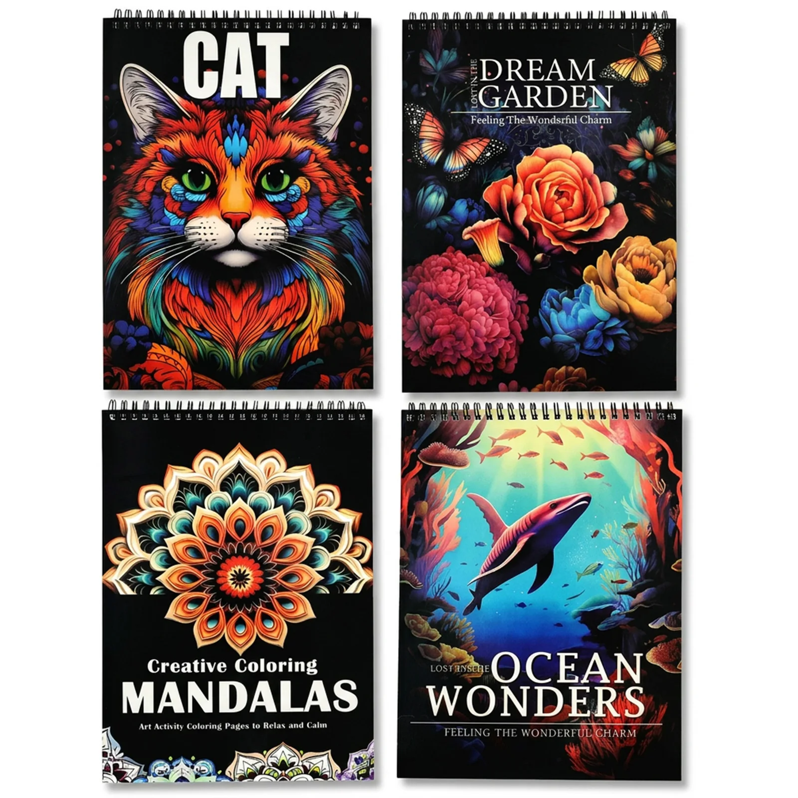 

4 Themed Adults Coloring Books with Sea Wonder Mandala Cat Dream Garden Spiral Bound Colouring Books Stress Relief Coloring Page