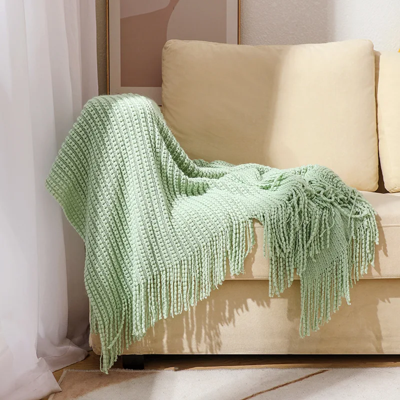 Dekorative Salbeigrüne Geschenkdecke für Couch, Weiche Gestrickte Farmhouse Boho Bettdecke, Gemütliche Leichte Decke mit Quasten