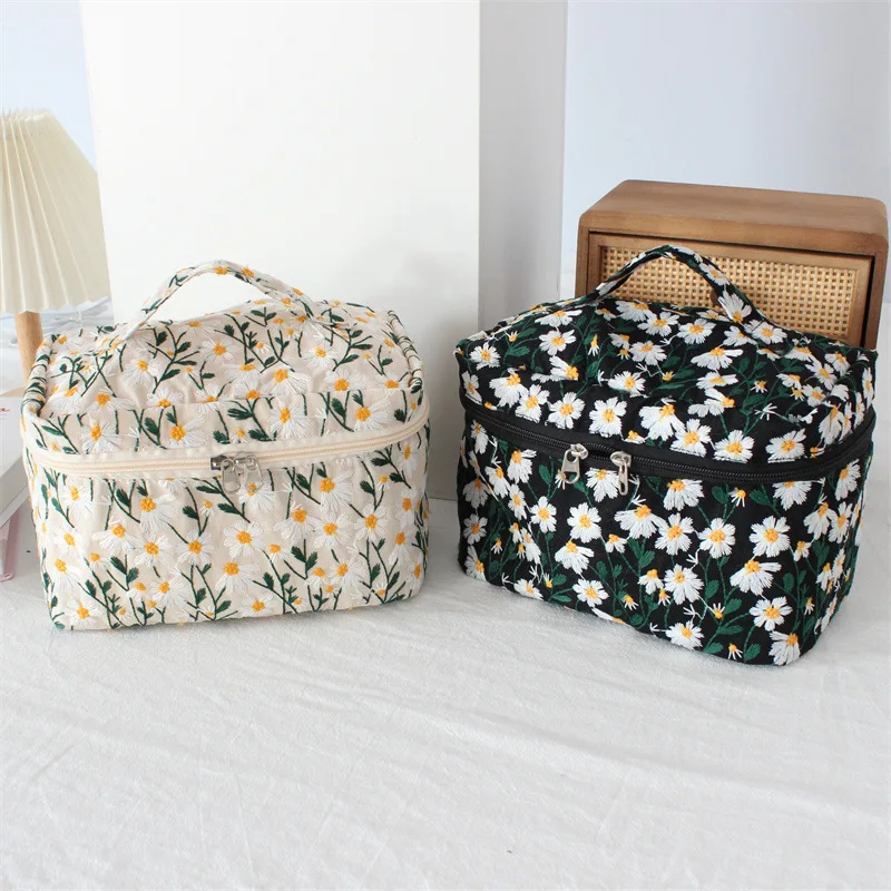 Embroidered Daisy Makeup Bag Double-Zipper Large Capacity Toiletry Pouch with Flip Cover Tote Cosmetic Organizer Case for Women