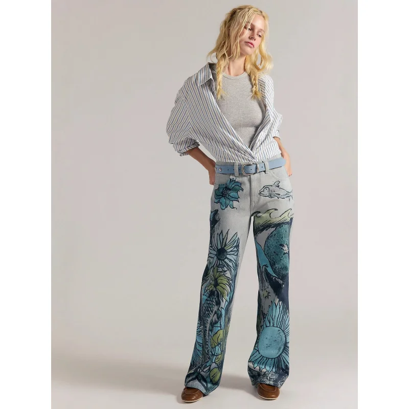 

Women's Trendy Casual Loose Printed Jeans mid Waist Straight Leg 2026 Autumn Street Style