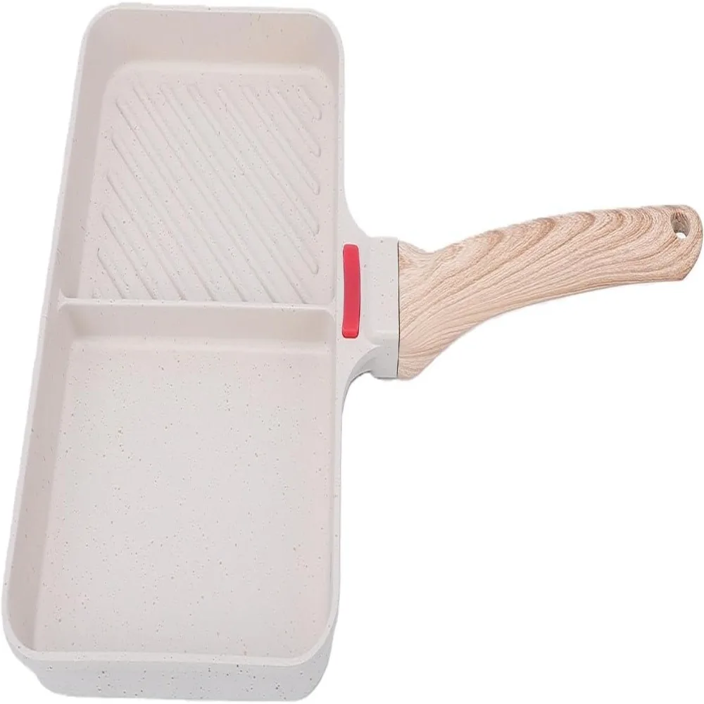 Maifan Stone Coating Divided Griddle Pan Grill Ridge Wooden Handle Breakfast Skillet Temperature Sensing Steak Frying Pan