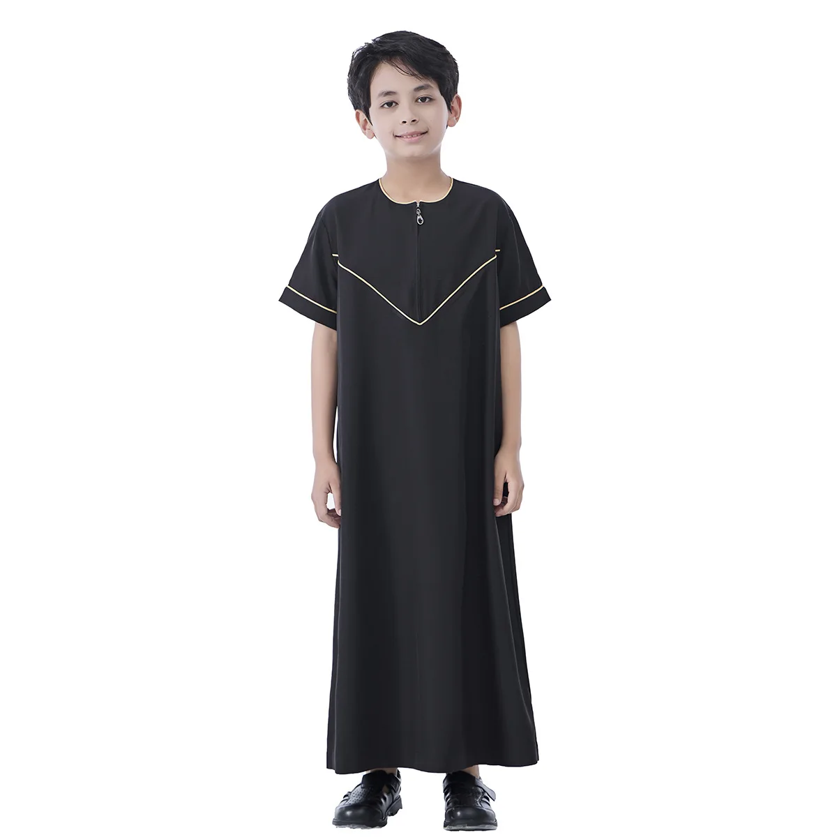 Ramadan Boys Jubba Thobe มุสลิมแฟชั่น Abayas ตะวันออกกลางอาหรับ Kaftan แขนสั้น Robe ดูไบเสื้อผ้าอิสลามเด็กชุดยาว